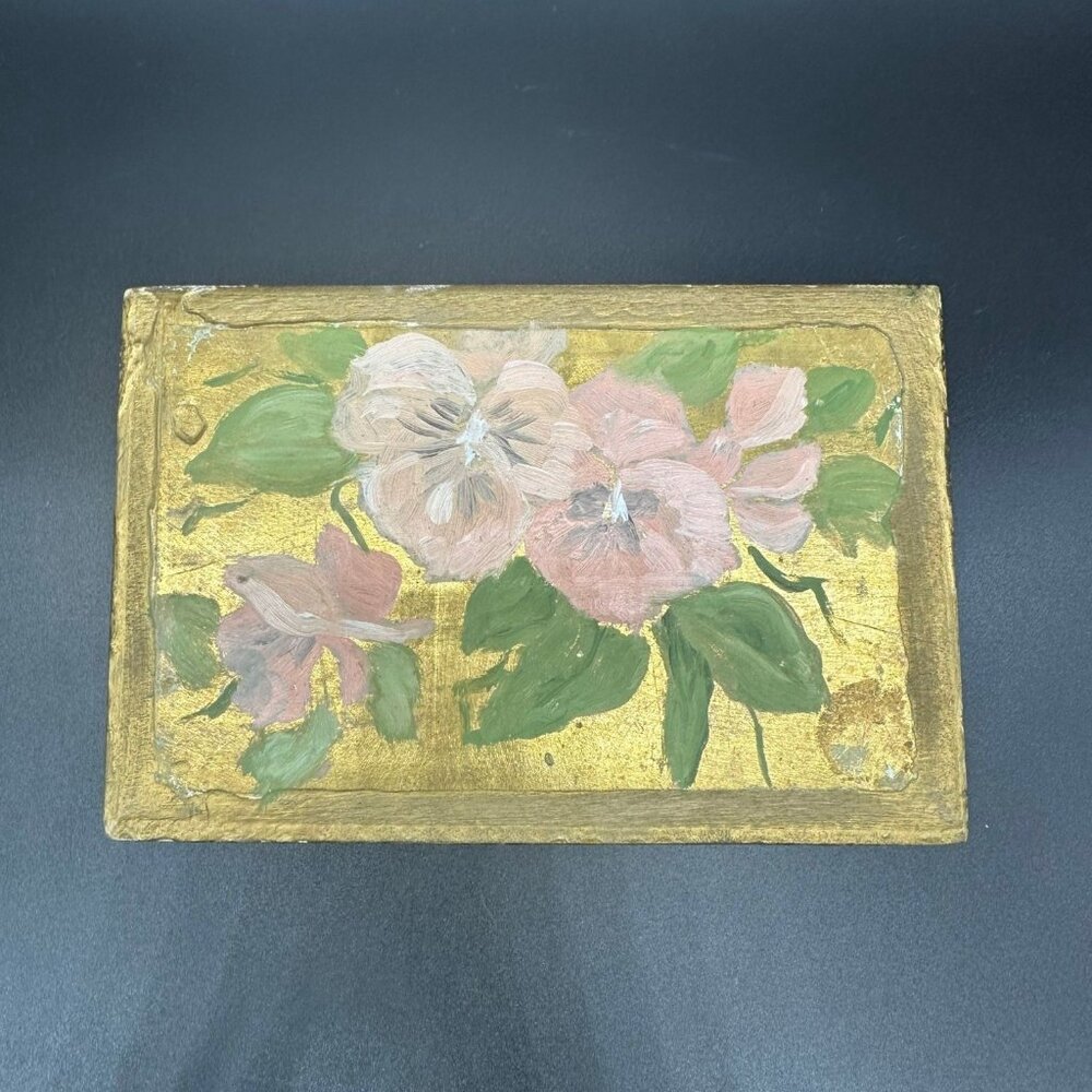 Vintage Italian Hand Painted Wood Jewelry Trinket Box Pink Flowers Gold Stash - Picture 3 of 10